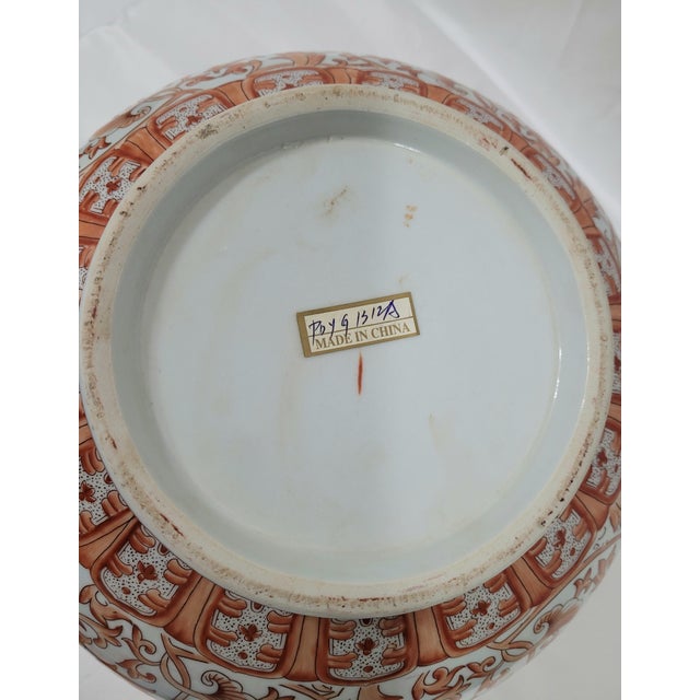 Ceramic Large Chinese Porcelain Floral Burnt Orange Chinoiserie Bowl With Stand For Sale - Image 7 of 9