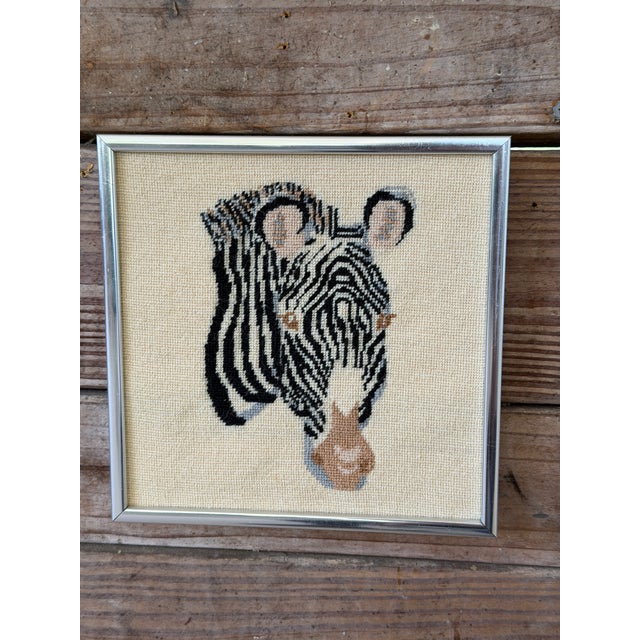 Mid-Century Modern Vintage Needlepoint Zebra & Giraffe Framed Wall Art – Set of Two For Sale - Image 3 of 12