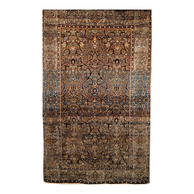 19th Century Persian Farahan Rug, Hand-Knotted Wool, Allover Floral Pattern, Camelhair & Blue, 5x7 For Sale