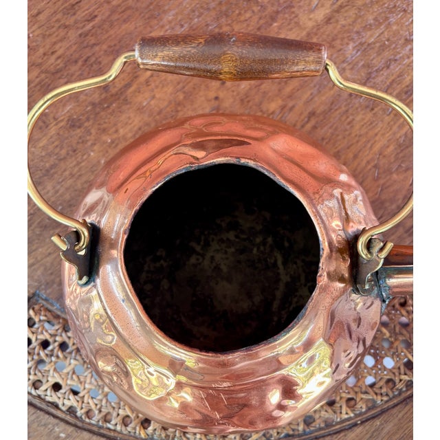 Copper Vintage Hammered Copper Tea Kettle With Wood Grip and Porcelain Finial For Sale - Image 8 of 9