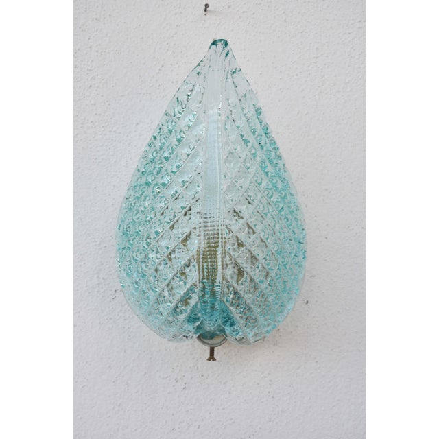 Glass 1950s Rare Wall Light Blue Jewel Murano Glass Leave by Barovier E Toso, -Set of 2 For Sale - Image 7 of 12