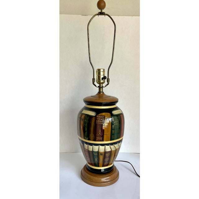 Metal 1960's Ceramic Table Lamp With Trompe l'Oeil Library Books Painting For Sale - Image 7 of 12