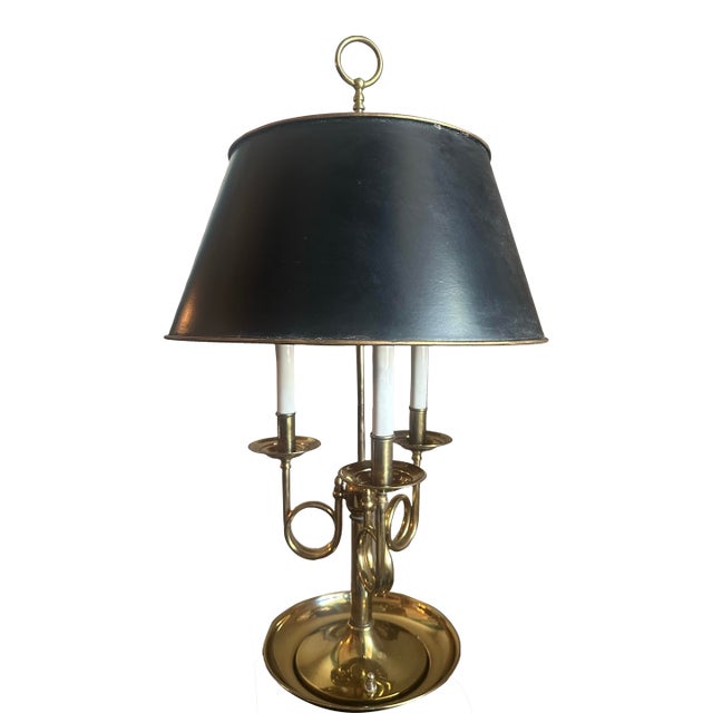 Vintage Solid Brass French Horn Bouillotte Lamp | 3-Arm Candelabra, Original Shade For Sale