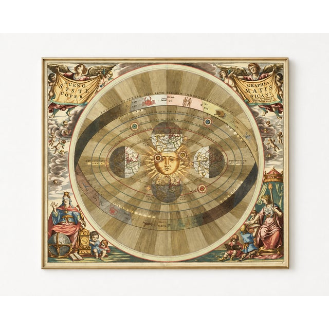 Andreas Cellarius celestial art print featuring Copernicus’ heliocentric model of the universe, reproduced from the richly...