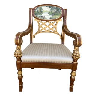 Vintage Italian Neoclassical Regency Hand-Painted Landscape Medallion Reticulated Armchair With Gilt Accents, 38" For Sale