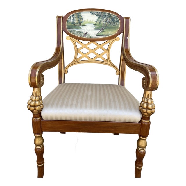 Vintage Italian Neoclassical Regency Hand-Painted Landscape Medallion Reticulated Armchair With Gilt Accents, 38" For Sale