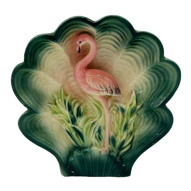 Mid-century pink and green ceramic California pottery flamingo theme flower wall Planter. The wall Planter features a...
