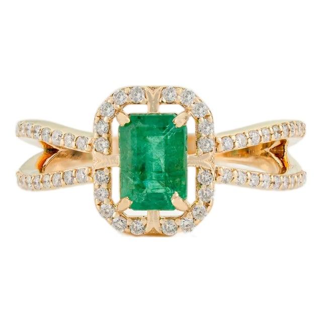 1.06ct Emerald Diamond Halo Split Shank Art Deco Ring Size 5 in 14k Yellow Gold For Sale