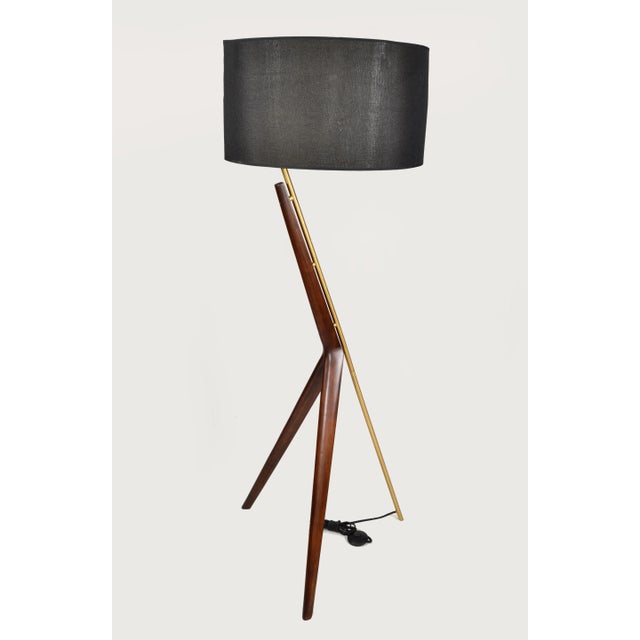 Mid-Century Modern Brazilian Sculptural Walnut Brass Geometric Tripod Floor Lamp Mid-Century Modern For Sale - Image 3 of 12