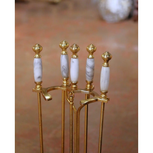 Mid 20th Century Mid-Century French Brass and Marble Five-Piece Fireplace Tool Set With Stand For Sale - Image 5 of 10