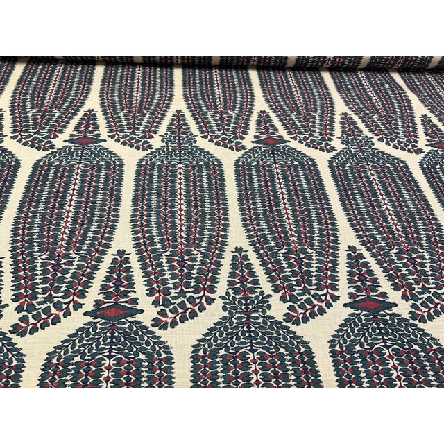 Textile Lisa Fine Ayesha Paisley Linen Beige Teal Green Red Upholstery Drapery Fabric For Sale - Image 7 of 7