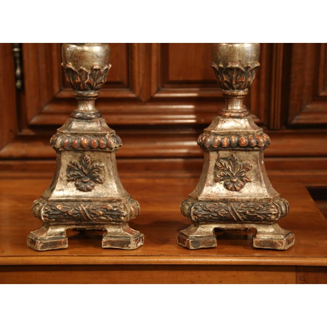 Pair of 19th Century Italian Carved Silver Leaf Pricket Candlesticks For Sale - Image 4 of 11