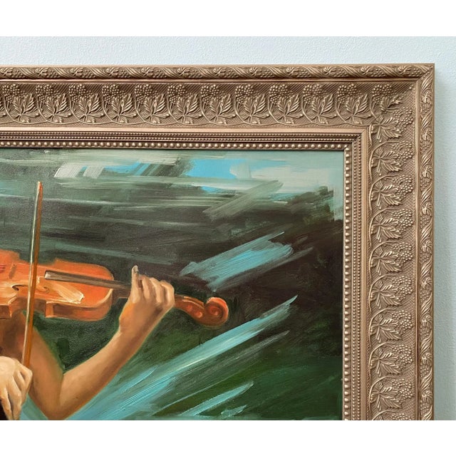 Blue Large Expressionist Style Oil Painting of Woman Playing Violin Framed 36x24 Canvas For Sale - Image 8 of 11