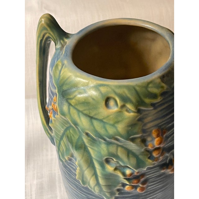 1940s Vintage Roseville Pottery Bushberry Blue Asymetrical Art Deco Vase #31-7" For Sale - Image 5 of 12