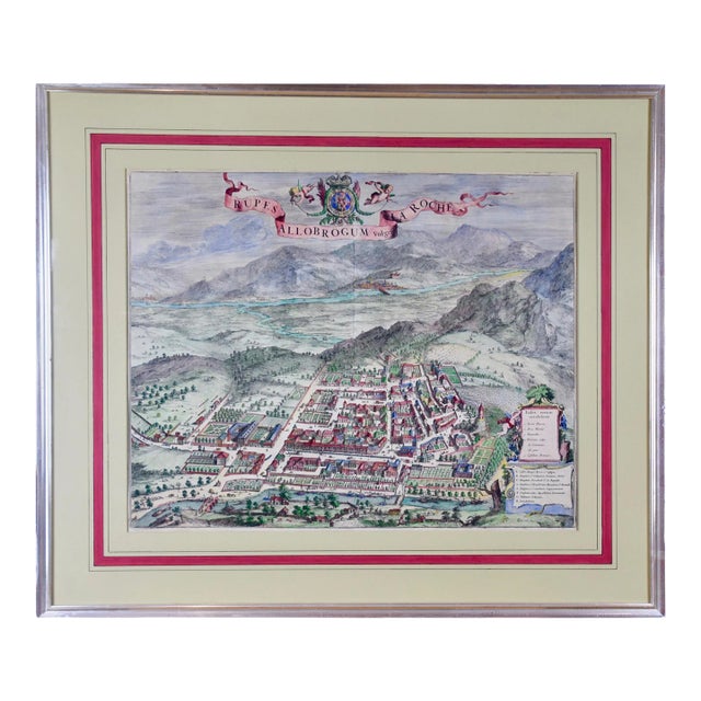 Dutch Map and City Plan of La Roche-sur-Foron, France, 17th Century Hand Colored For Sale
