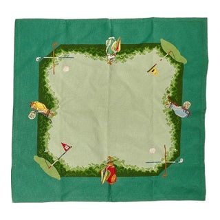 Hand Needlepoint Golfing Theme Bridge Table Cover W/ Forest Green Border For Sale