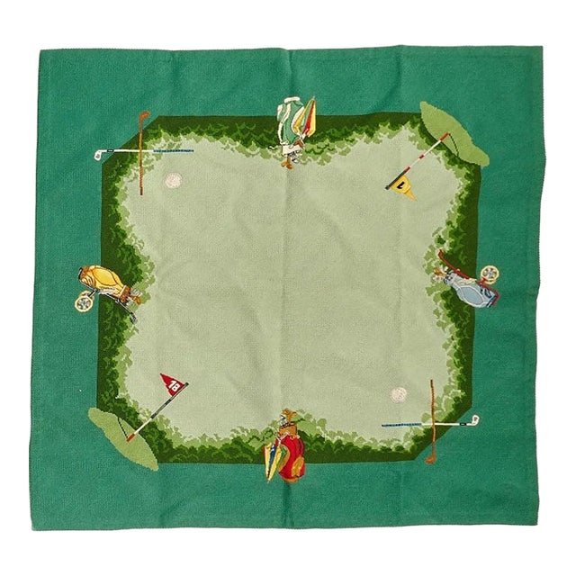 Hand Needlepoint Golfing Theme Bridge Table Cover W/ Forest Green Border For Sale