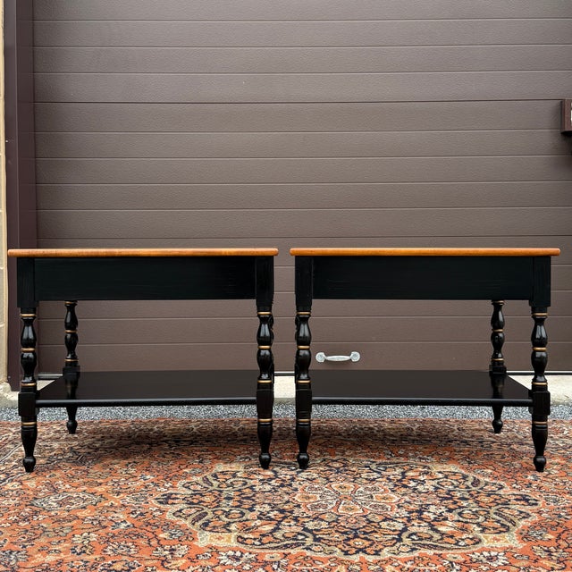 Vintage L. Hitchcock Country Farmhouse Solid Maple 1 Drawer Side Tables in Black / Harvest Maple - A Pair For Sale - Image 11 of 17