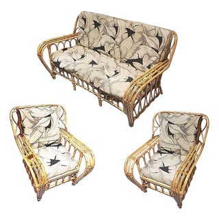 1930s Restored Art Deco Preside Stick Reed Rattan Sofa, Lounge Chair Livingroom Set For Sale