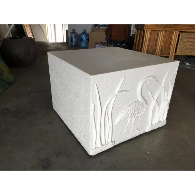 Large Miami Vice Vapor Wave white cube pedestal side table pair w/ crane relief along the front. Circa 1980.