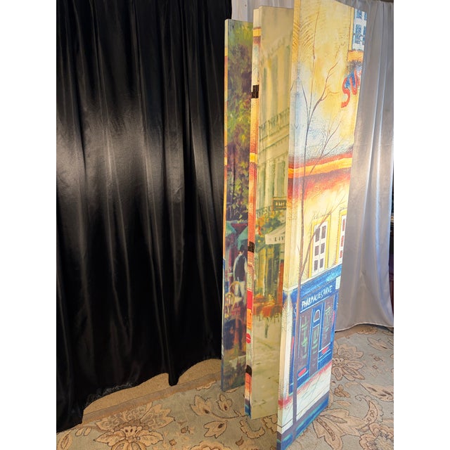 Vintage Double-Sided Parisian Street Scene Canvas 4-Panel Room Divider Screen For Sale - Image 12 of 12