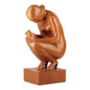 Mid-20th Century Varnished Wood Sculpture of Crouched Lady by Spanish Author Godofredo Paino