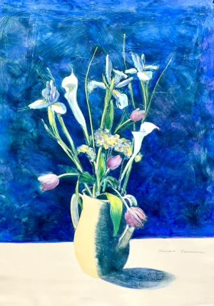 Contemporary "Calla Lilies, Iris and Tulips" Painting on Paper