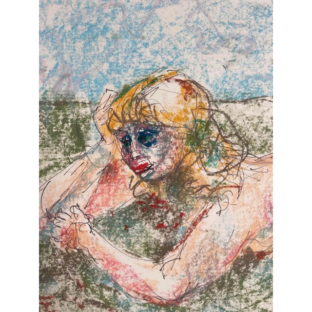 Playful nude created with pastels on paper. This sketch-like drawing shows a woman wearing dramatic blue eyeshadow and...