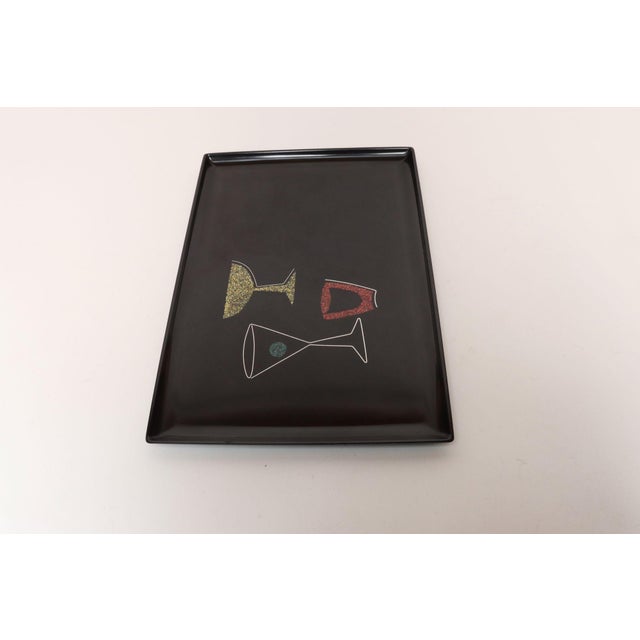 The Couroc Company Large Rectangular Mid-Century Black Resin Coral and Shell Inlaid "Barware" / "Martini" Drinks Tray by Couroc For Sale - Image 4 of 9