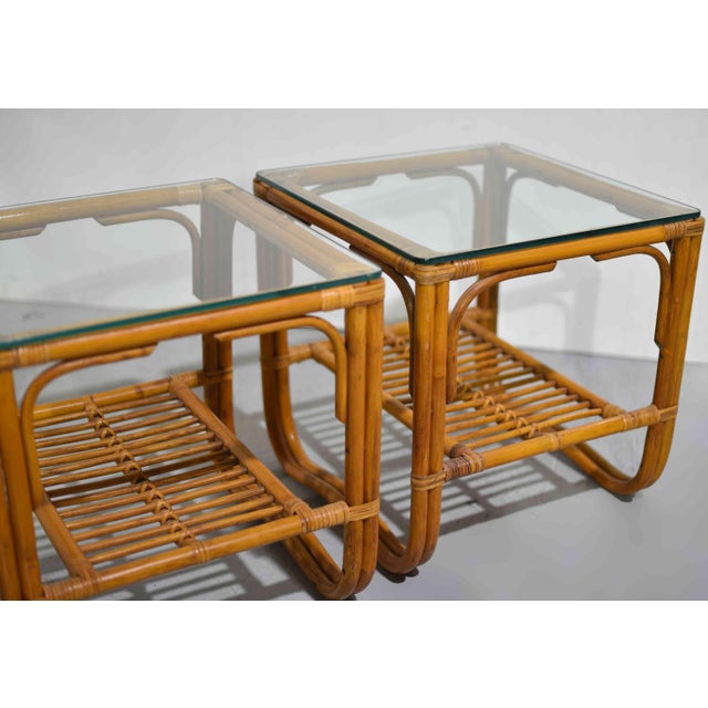 Mid 20th Century Vintage Palm Beach 2 Strand Rattan Bamboo Side Tables Style of Franco Albini - Set of 2 For Sale - Image 5 of 10