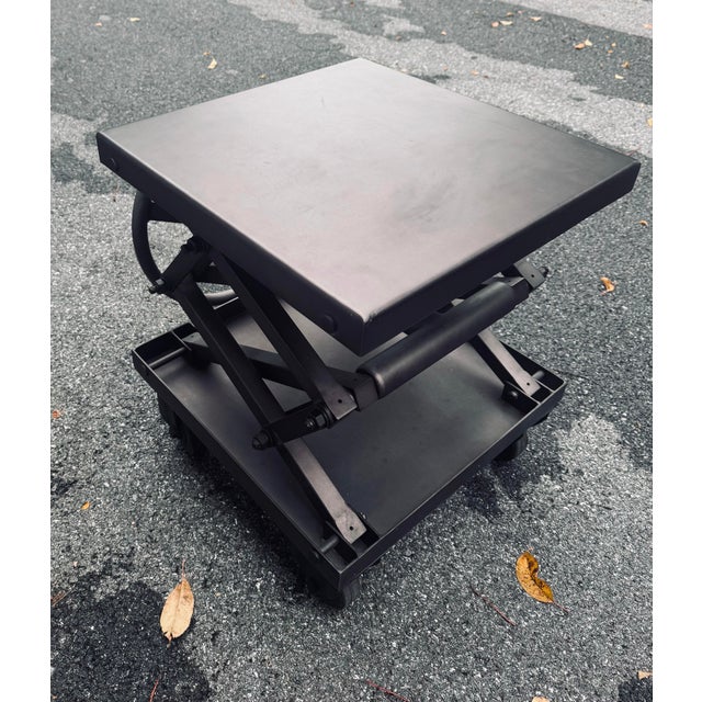 Vintage Solid Steel Scissor Lift Table From Restoration Hardware For Sale - Image 6 of 6