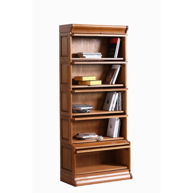 2020s Mission Style Oak Barrister Bookcase 5 Stack-Leaded Glass in Walnut Stain For Sale - Image 5 of 18