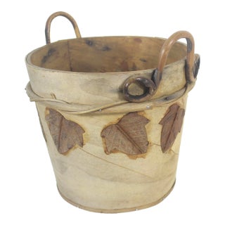 Vintage Bark and Leaf Basket Fall Autumn Decor Wood Pail Planter With Handles For Sale
