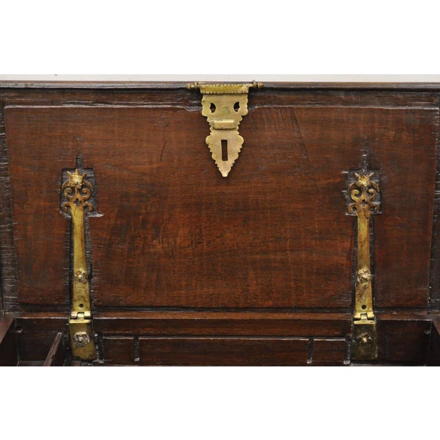 1900s Antique Oak Wood & Brass Mounted Coffer Blanket Chest Trunk For Sale - Image 12 of 12