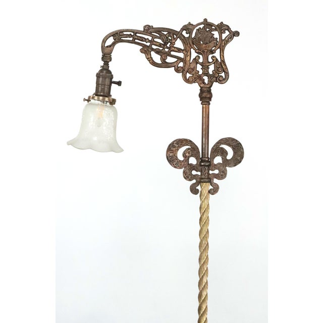Mid 20th Century Art Nouveau Cast Iron Bridge Ruffled Glass Shade Floor Lamp For Sale In New York - Image 6 of 12