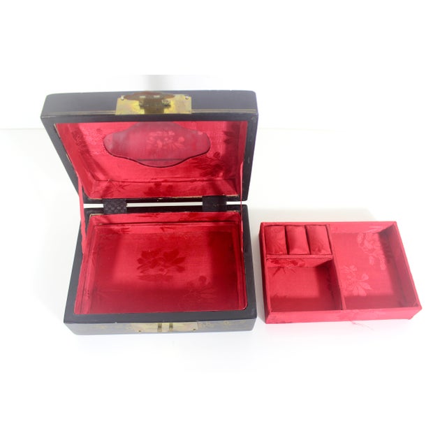 Vintage Black Lacquered Wood Jewelry Box With Inlaid Mother of Pearl Shell and Brass Details For Sale - Image 10 of 11
