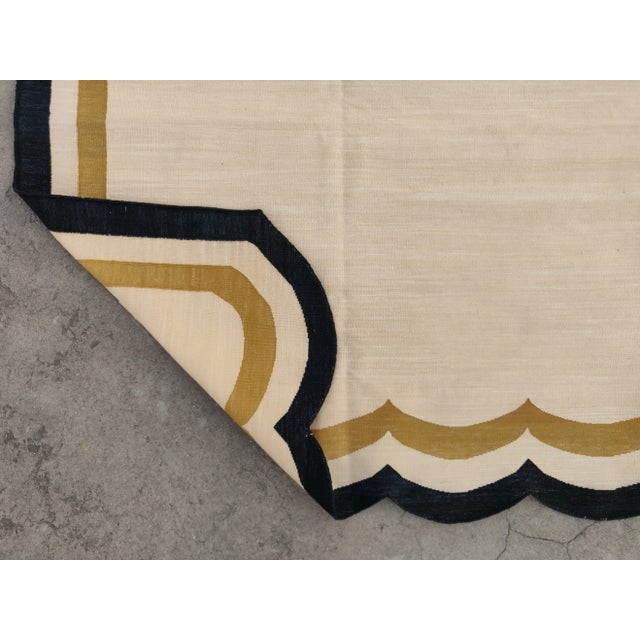 Handmade Cotton Scalloped Rug in Light Yellow With Tan and Black Border - 8x10 For Sale - Image 10 of 11
