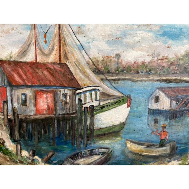 Paint Vintage 1960s Harbor Scene Painting With Boats and Lobster Fisherman, Signed, Framed For Sale - Image 7 of 11