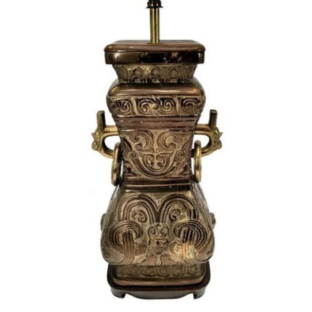 Chinoiserie Mid 20th Century Chinese Archaistic Brass Table Lamps - a Pair For Sale - Image 3 of 5