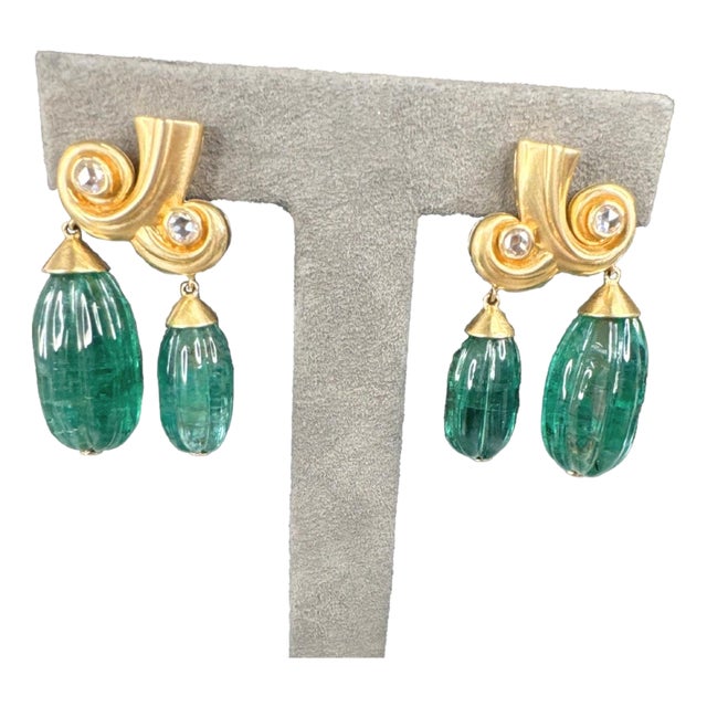 56.68 CTW Vintage Style Emerald & Diamond 18k Yellow Gold Earrings, A Pair For Sale