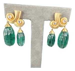 56.68 CTW Vintage Style Emerald & Diamond 18k Yellow Gold Earrings, A Pair
