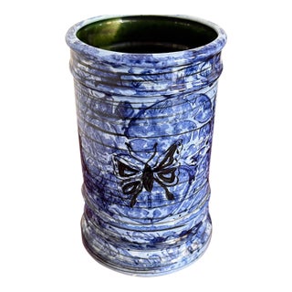 Studio Pottery Blue Glazed Utensil Holder, Signed For Sale