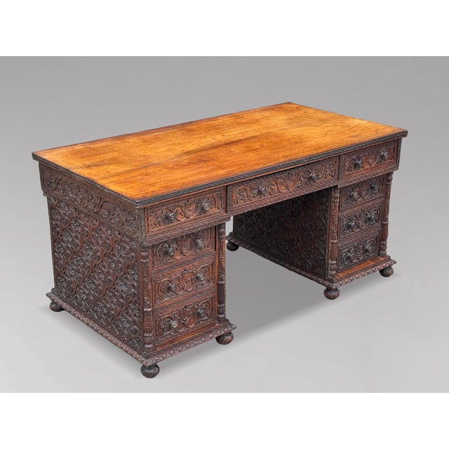 Anglo-Indian Carved Padauk Partner's Desk, 1860s For Sale - Image 12 of 18
