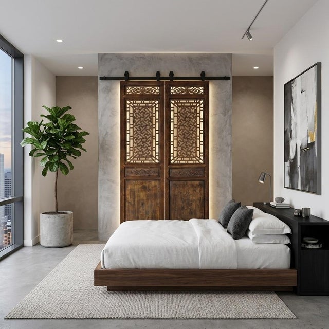 Pair Oriental Bats Floral Geometric Pattern Tall Wood Door Panel Screen For Sale - Image 9 of 10