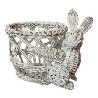 1980s Small Wicker White Rabbit Basket, Mario Torres Style For Sale