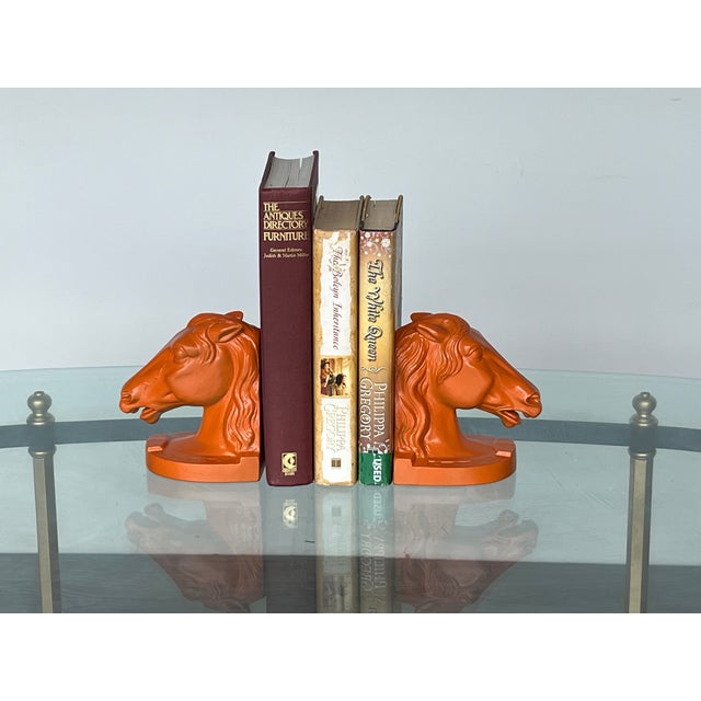 1970s Pair of Orange Lacquered Horse Head Bookends For Sale - Image 4 of 7