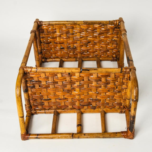 Wood Bent Burnt Bamboo Wall Shelf With Woven Split Wood Platforms Two Tier 1970's For Sale - Image 7 of 8