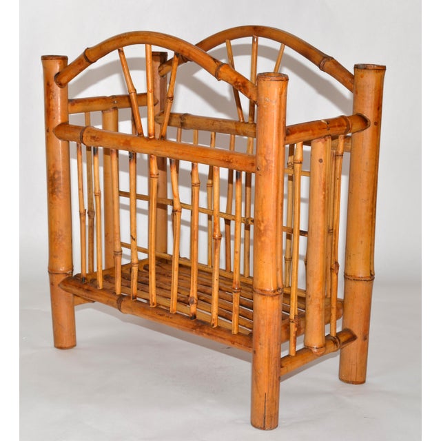 Vintage Chinoiserie handmade Bamboo Magazine Rack, Newspaper Stand. Features hand-crafted rods arranged in Arch-Shape...