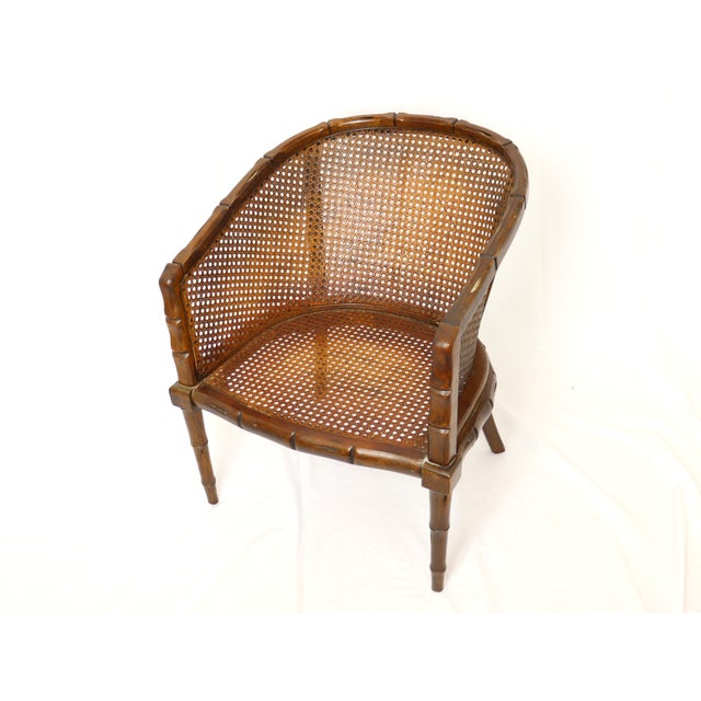 Wood Vintage Regency Style Faux Bamboo Wood and Cane Tub Chair For Sale - Image 7 of 12