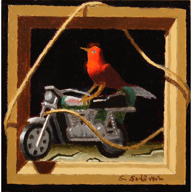 This artwork features a vibrant red bird perched atop a motorcycle, creating an intriguing juxtaposition between the...